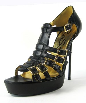 Stiletto platform open-toe 6-strap sandal with gold buckles, black calf leather upper, leather lining and leather sole, made in Italy exclusively for RoSa Shoes