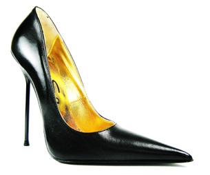 Ultra-high stiletto court shoe with pointed toe. Black leather upper and sole, full gold leather lining. Made in Italy exclusively for RoSa Shoes