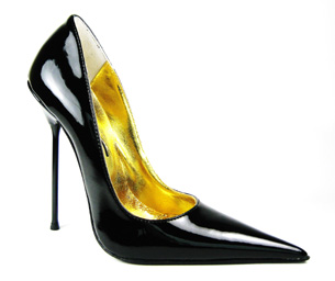 Ultra-high stiletto court shoe with pointed toe. Black patent leather upper, black leather sole, full gold leather lining. Made in Italy exclusively for RoSa Shoes