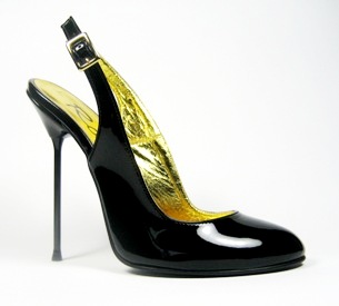 Ultra-high stiletto slingback shoe with round toe. Black patent leather upper, leather sole, full gold leather lining. Made in Italy exclusively for RoSa Shoes