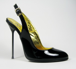 Ultra-high stiletto slingback shoe with round toe. Black patent leather upper, black leather sole, full gold leather lining. Made in Italy exclusively for RoSa Shoes