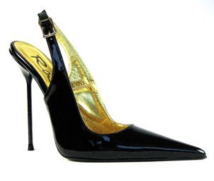 Ultra-high stiletto slingback shoe with pointed toe. Black patent leather upper and leather sole, full gold leather lining. Made in Italy exclusively for RoSa Shoes