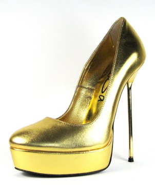 Stiletto platform round-toe court shoe with gold leather upper, leather lining and leather sole, made in Italy exclusively for RoSa Shoes.