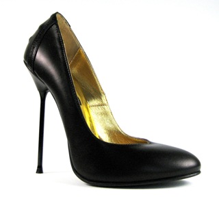 Ultra-high rear-laced stiletto court shoe with round toe. Black leather upper and sole, full gold leather lining. Made in Italy exclusively for RoSa Shoes