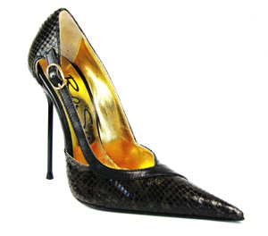 Ultra-high stiletto open-sided court shoe with pointed toe. Faux snake black/gold patterned leather upper. Leather sole. Full gold leather lining. Made in Italy exclusively for RoSa Shoes