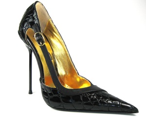 Ultra-high stiletto open-sided court shoe with pointed toe. Faux croc patterned leather upper. Leather sole. Full gold leather lining. Made in Italy exclusively for RoSa Shoes