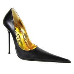 Ultra-high stiletto court shoe with extreme winklepicker pointed toe. Black patent leather upper, leather sole, full gold leather lining. Made in Italy exclusively for RoSa Shoes