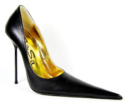 Ultra-high stiletto court shoe with extreme winklepicker pointed toe. Black patent leather upper, leather sole, full gold leather lining. Made in Italy exclusively for RoSa Shoes
