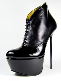 Ultra-high platform laced ankle boot  Black leather and patent upper. Black leather sole, full gold leather lining. Made in Italy exclusively for RoSa Shoes