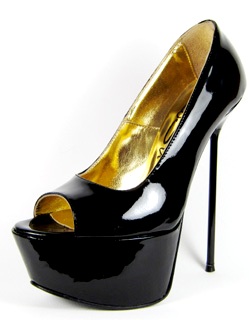 Ultra-high platform open toe court shoe.  Black patent leather upper. Black leather sole, full gold leather lining. Made in Italy exclusively for RoSa Shoes