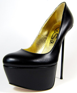 Ultra-high platform court shoe.  Black leather upper. Black leather sole, full gold leather lining. Made in Italy exclusively for RoSa Shoes