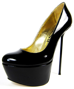 Ultra-high platform court shoe.  Black patent leather upper. Black leather sole, full gold leather lining. Made in Italy exclusively for RoSa Shoes
