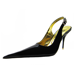 Medium high stiletto slingback shoe with extreme winklepicker pointed toe. Black patent leather upper, leather sole, full gold leather lining. Made in Italy exclusively for RoSa Shoes