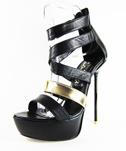 High heel platform cross-strap sandal. Black and gold leather upper, leather sole, full leather lining. Made in Italy exclusively for RoSa Shoes