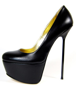 Ultra-high platform court shoe.  Black leather upper. Leather sole, full gold leather lining. Made in Italy exclusively for RoSa Shoes