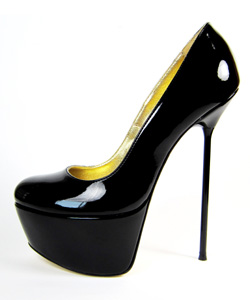 Ultra-high platform court shoe.  Black patent leather upper. Black leather sole, full gold leather lining. Made in Italy exclusively for RoSa Shoes