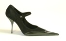 Stiletto Mary Jane court shoe. Button-fastening strap. Ultra-pointed toe. Black suede with black leather trim. Leather lining, leather sole. Made in Italy exclusively for RoSa Shoes.