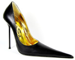 Ultra-high stiletto court shoe with extreme winklepicker pointed toe. Black patent leather upper, leather sole, full gold leather lining. Made in Italy exclusively for RoSa Shoes