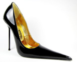 Ultra-high stiletto court shoe with extreme winklepicker pointed toe. Black patent leather upper and sole, full gold leather lining. Made in Italy exclusively for RoSa Shoes