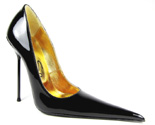 Ultra-high stiletto court shoe with extreme winklepicker pointed toe. Black patent leather upper, leather sole, full gold leather lining. Made in Italy exclusively for RoSa Shoes