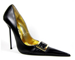 Ultra-high stiletto court shoe with extreme winklepicker pointed toe and gold buckle on ruched strap. Black leather upper and sole, full gold leather lining. Made in Italy exclusively for RoSa Shoes