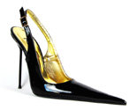 Ultra-high stiletto slingback shoe with extreme winklepicker pointed toe. Black patent leather upper, leather sole, full gold leather lining. Made in Italy exclusively for RoSa Shoes