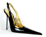 Ultra-high stiletto slingback shoe with extreme winklepicker pointed toe. Black patent leather upper and sole, full gold leather lining. Made in Italy exclusively for RoSa Shoes