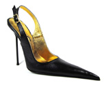 Ultra-high stiletto slingback shoe with extreme winklepicker pointed toe. Black leather upper, leather sole, full gold leather lining. Made in Italy exclusively for RoSa Shoes
