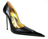 Ultra-high stiletto court shoe with extreme winklepicker pointed toe, front lacing and brogue detail. Black leather and patent upper, leather sole, full gold leather lining. Made in Italy exclusively for RoSa Shoes