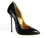 Ultra-high stiletto court shoe with semi-pointed toe. Black patent leather upper, leather sole, full gold leather lining. Made in Italy exclusively for RoSa Shoes