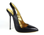 Ultra-high stiletto slingback with semi-pointed toe. Black leather upper, gold buckle, leather sole, full gold leather lining. Made in Italy exclusively for RoSa Shoes