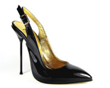 Ultra-high stiletto slingback with semi-pointed toe. Black patent leather upper, gold buckle, leather sole, full gold leather lining. Made in Italy exclusively for RoSa Shoes