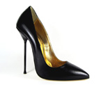 Ultra-high stiletto court shoe with semi-pointed toe. Black leather upper, leather sole, full gold leather lining. Made in Italy exclusively for RoSa Shoes